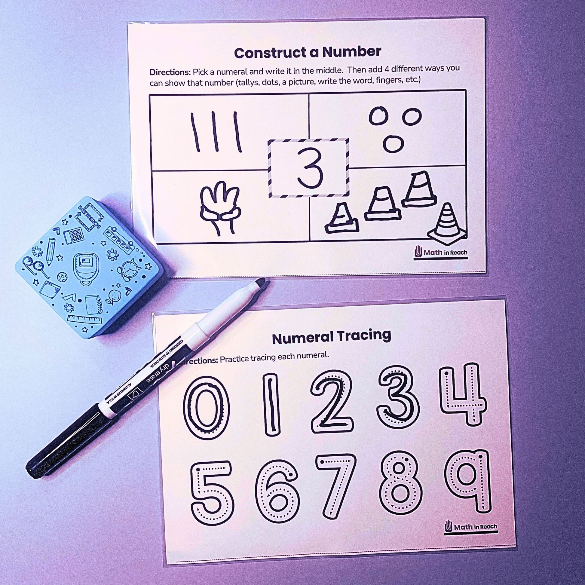 Math in Reach monthly kit grab-and-go reusable math activities for preschool and kindergarten. Includes Construct a Number worksheet and Numeral Tracing sheet with dry erase marker and dice, designed to build number sense and writing skills.