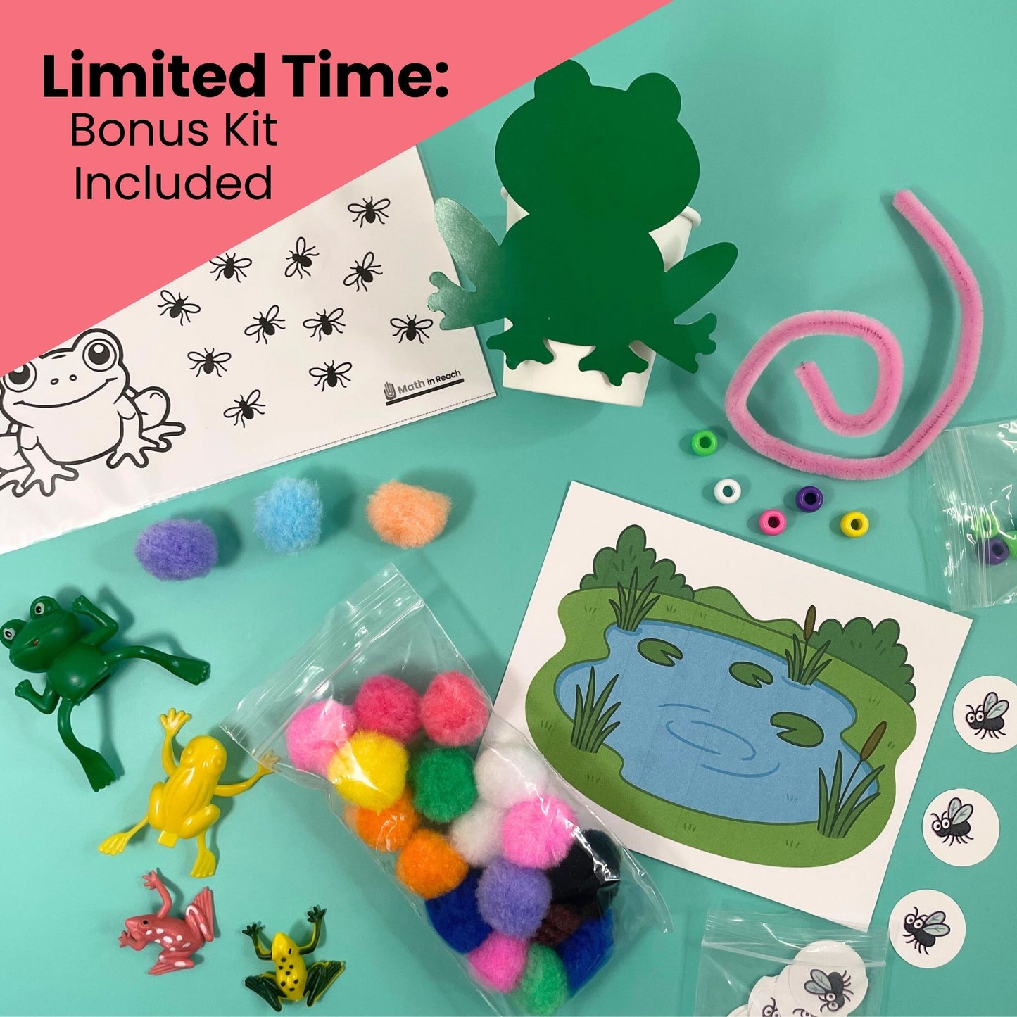 Bonus frog-themed counting kit with pom poms, frog figures, activity cards, and visual mats — free with Starter Kit.