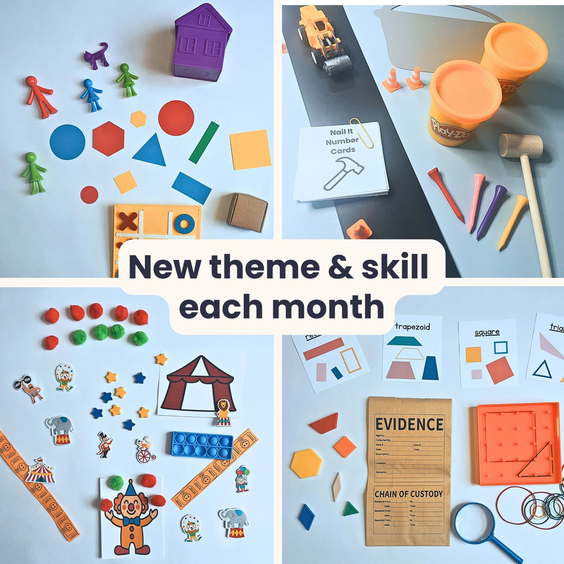 Collage of Math in Reach monthly math kits for kids ages 4–6. Each box has a new theme and skill, including construction, shapes, circus, and detective activities with hands-on materials and reusable tools.